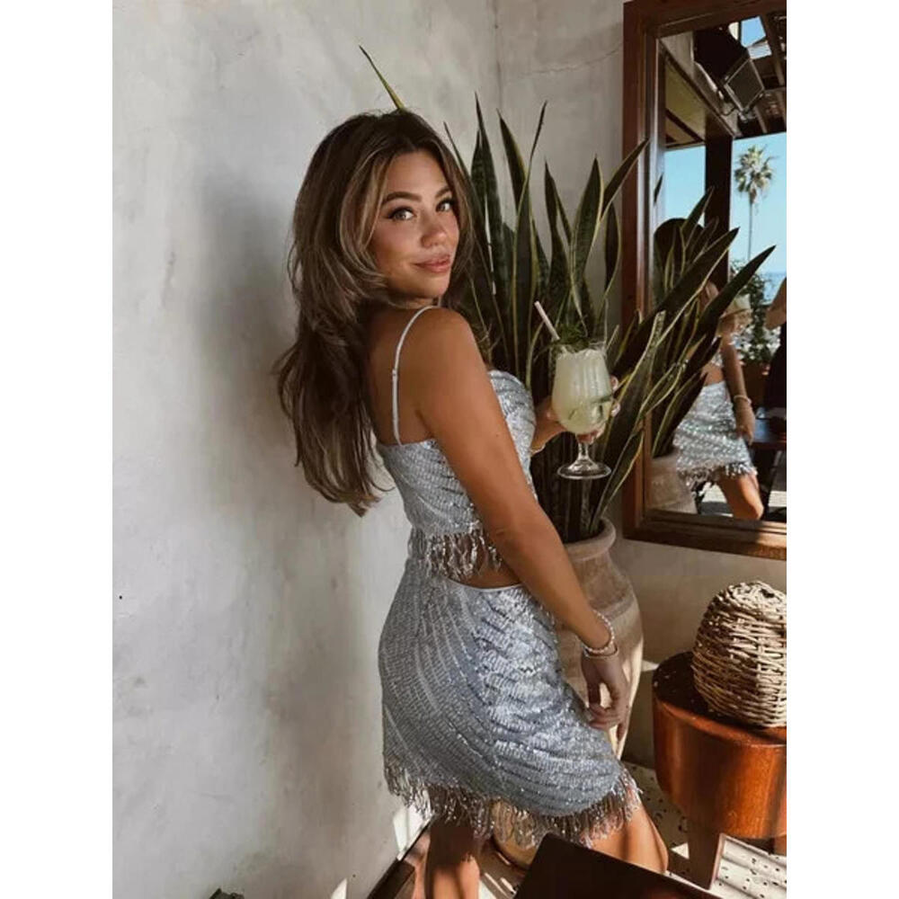 NWT Saylor Revolve Persephone Silver Sequin Fringe Top & Skirt Set XS $319MSRP